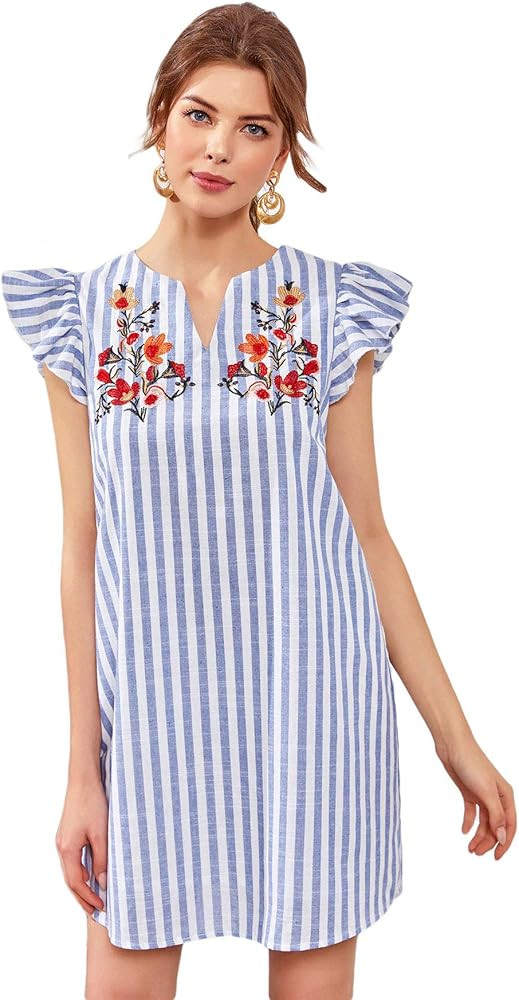 Romwe Women's V Neck Striped Floral Ruffle Embroidery Summer Boho Dress Top | Amazon (US)