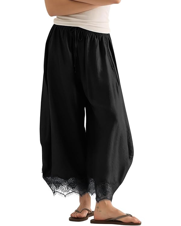 Lviefent Womens Cropped Lace Hem Pants Casual Drawstring Waist Summer Wide Leg Pants Beach Trouse... | Amazon (US)