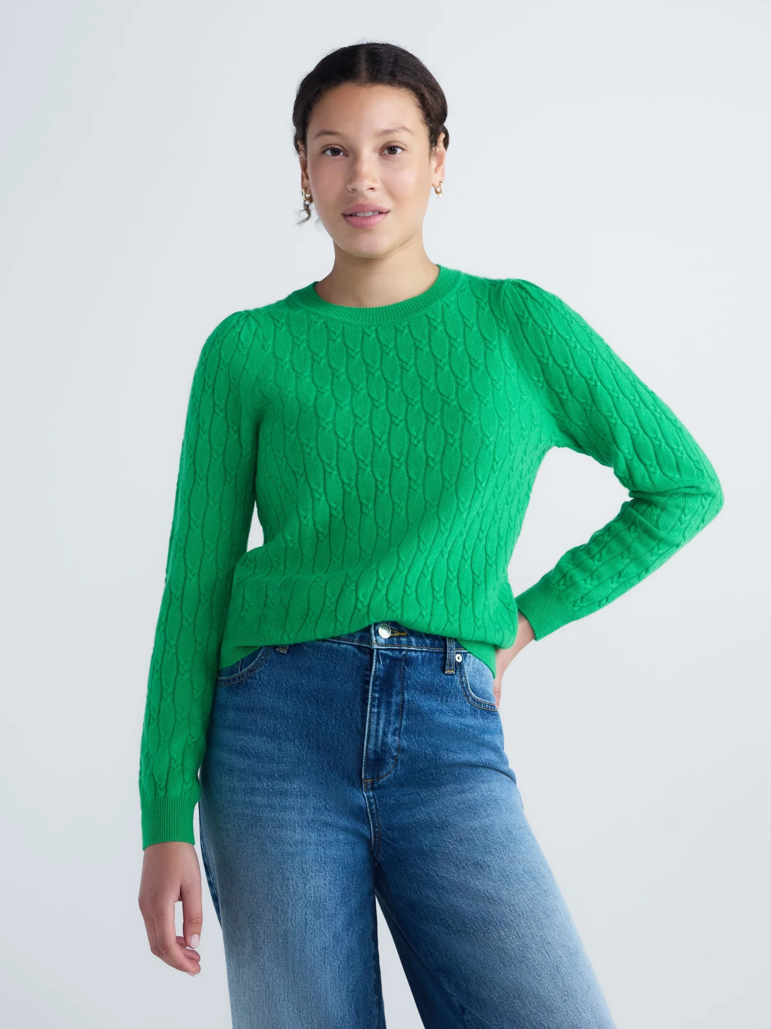 Free Assembly Women's Cashmere Cable Knit Sweater with Puff Sleeves, Midweight, Sizes XS-XXL | Walmart (US)