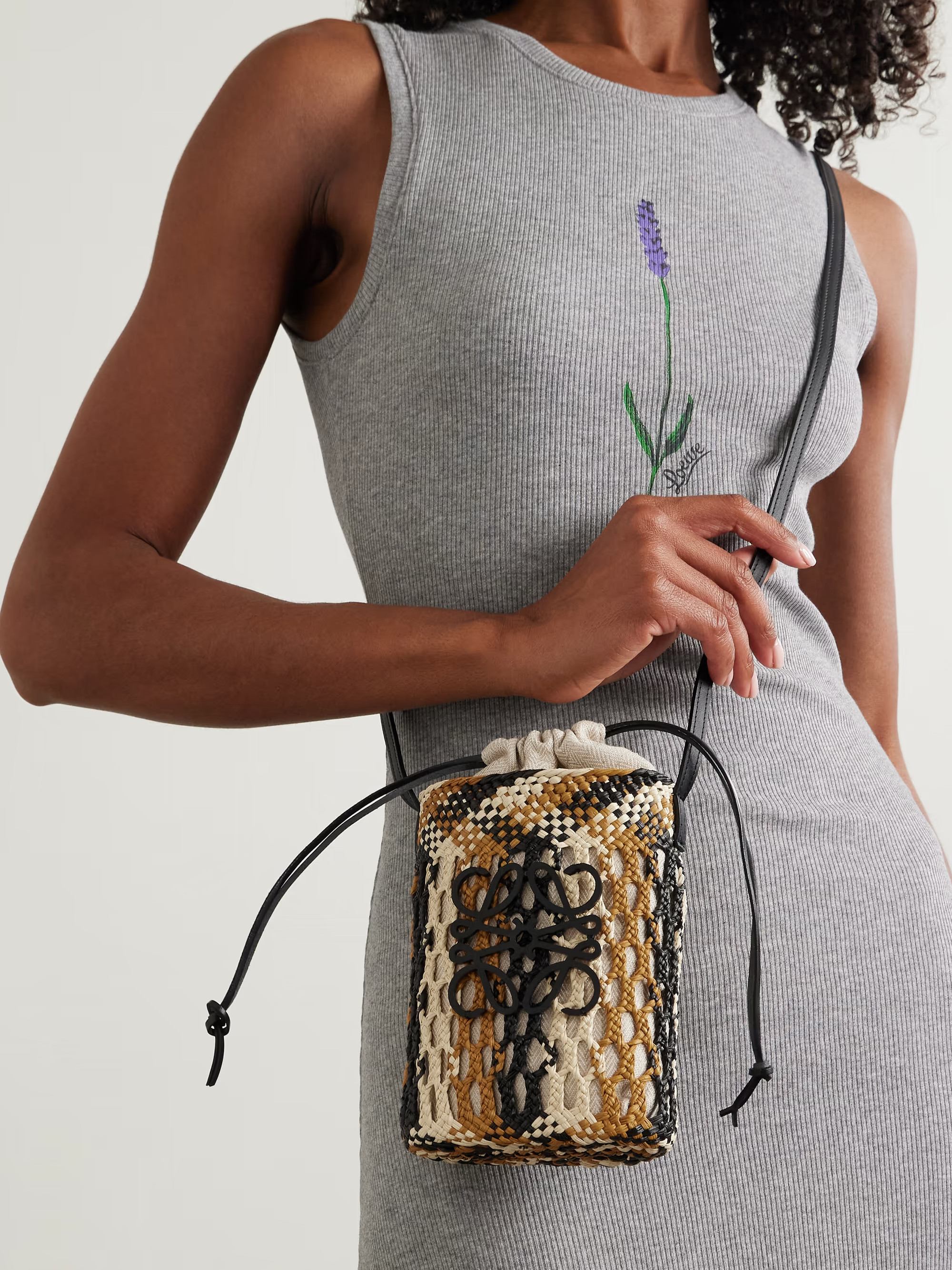 + Paula's Ibiza Anagram leather-trimmed woven raffia bucket bag | NET-A-PORTER (US)