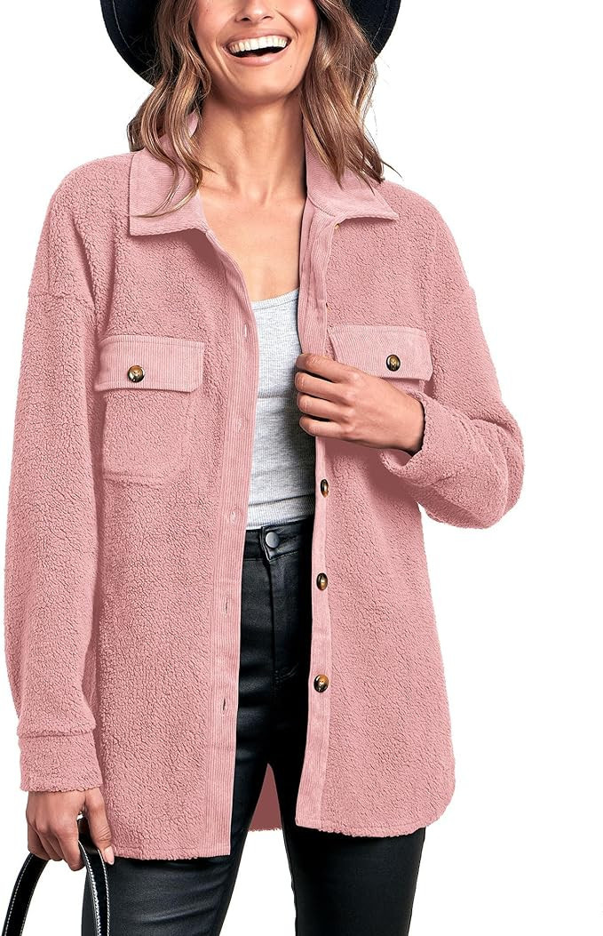 BTFBM Women's 2023 Fall Winter Button Down Shirts Sherpa Jacket Warm Long Sleeve Outerwear Faux F... | Amazon (US)