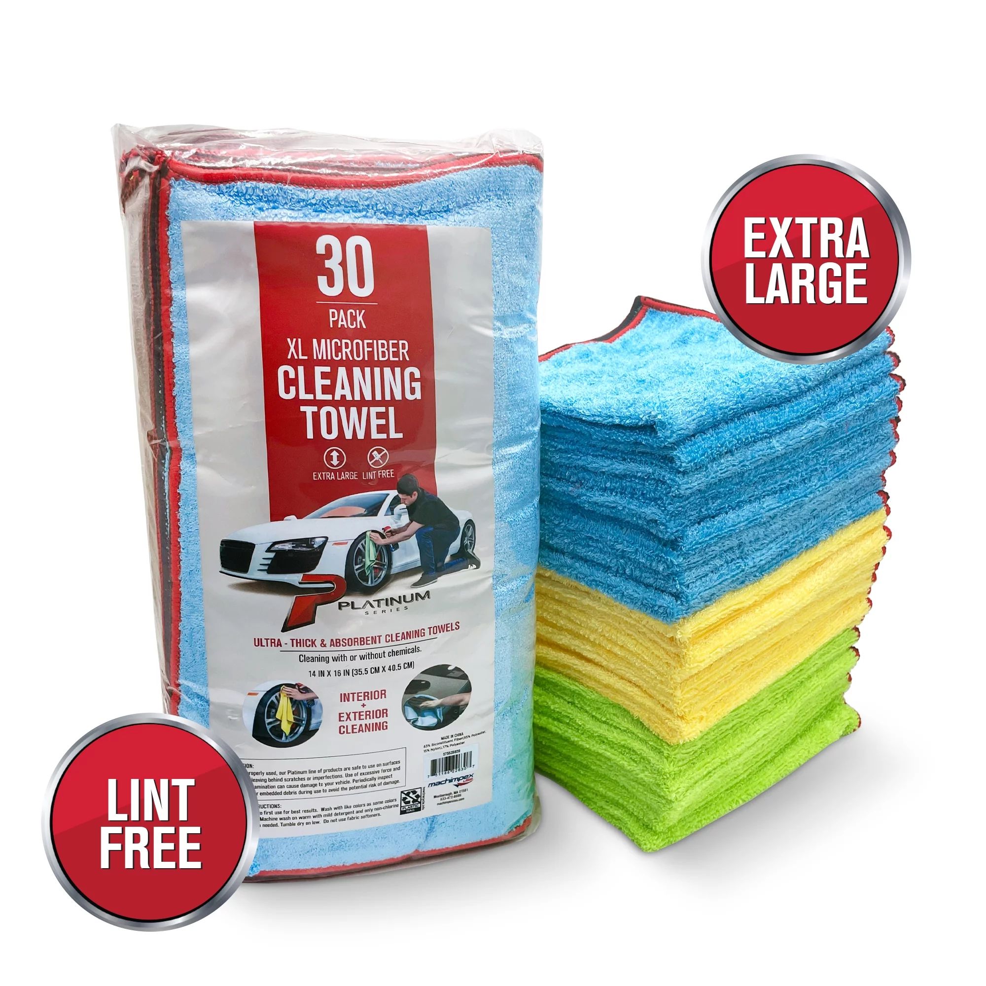 Platinum Series XL Multi-Purpose Microfiber Cleaning Towels, 30 Pack, Blue, Yellow, Green - Walma... | Walmart (US)
