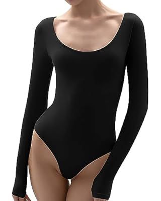 UEU Women’s Crew Neck Long Sleeve Bodysuit Stretchy Slim Fit T Shirt Double Layer Sexy Thong Bo... | Amazon (US)