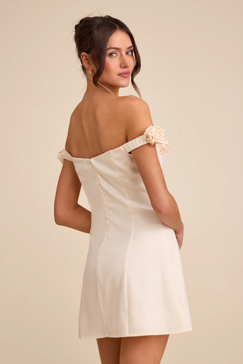 Gracen Ivory Rosette Off-the-Shoulder Skater Mini Dress | Lulus