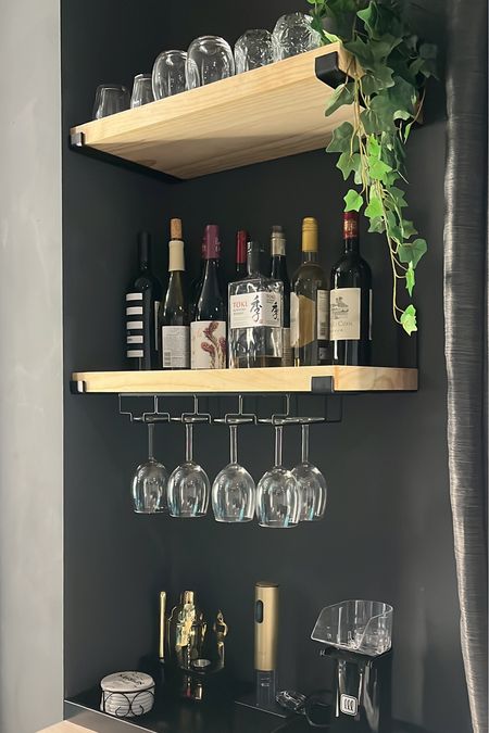 Floating shelves, mini bar, wine glass rack

#LTKhome #LTKFind