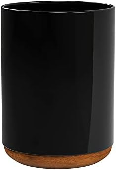 KARRYOUNG Ceramic Utensil Holder for Kitchen Countertop - With Solid Wood Base, 5.5 x 7 Inches, Blac | Amazon (US)