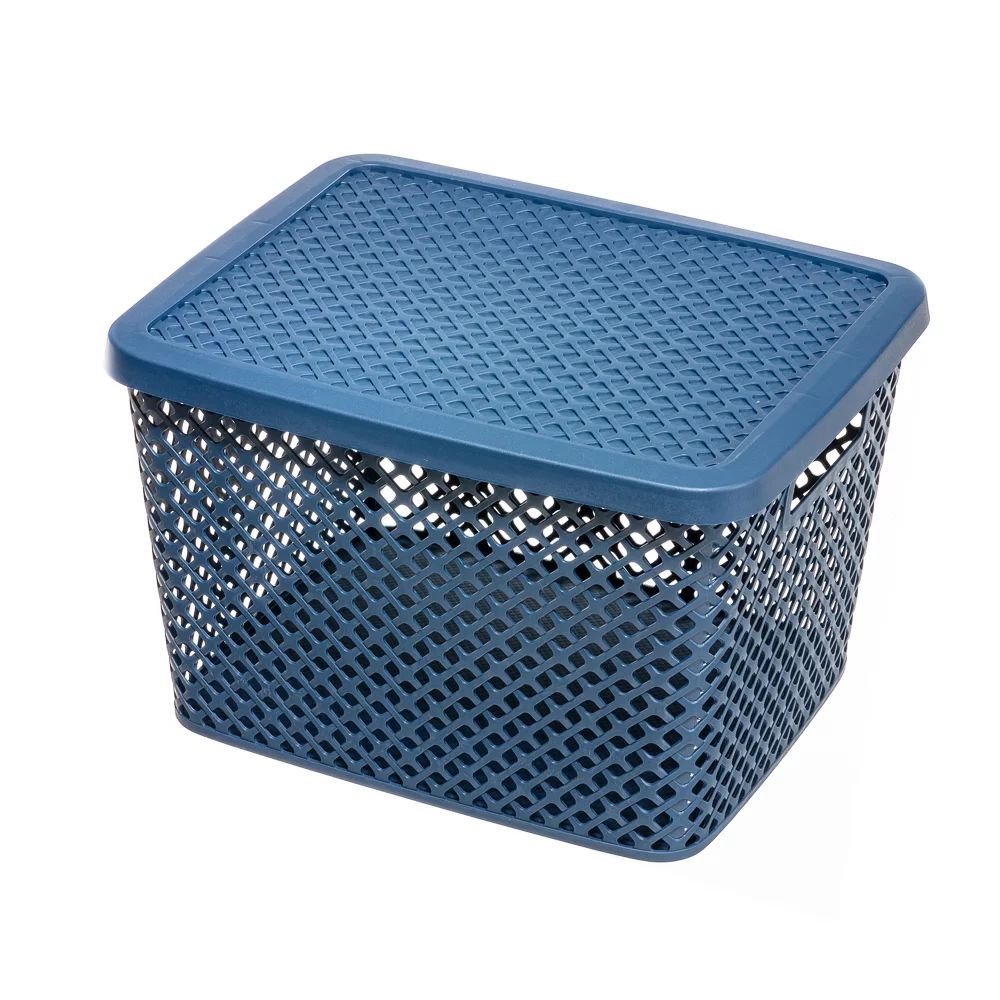 Mainstays Extra Large Decorative Plastic Storage Basket With Lid, Blue Cove | Walmart (US)