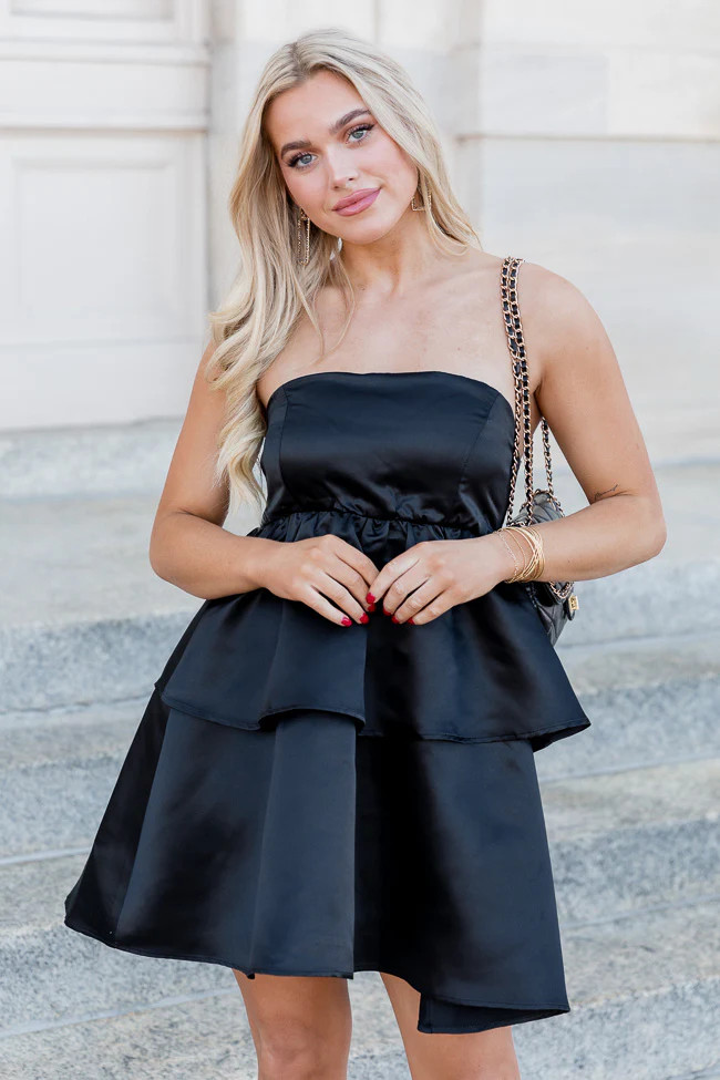 Time To Shine Black Satin Tiered Mini Dress | Pink Lily