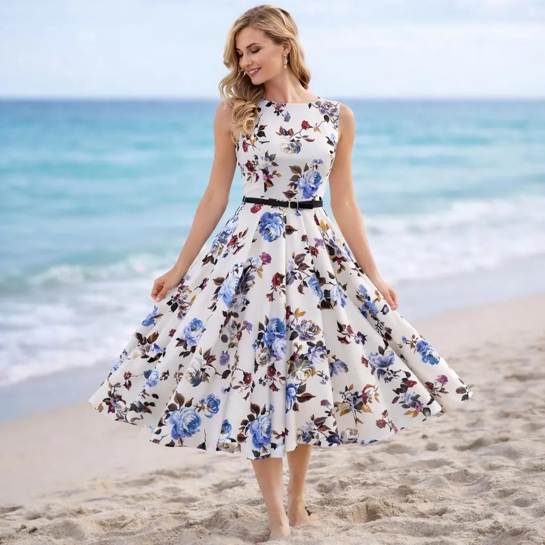 Summer Floral Midi Dress, Boho Maxi Cocktail Dress, Vintage Sleeveless Swing Party Dress, Flowy V... | Etsy (US)