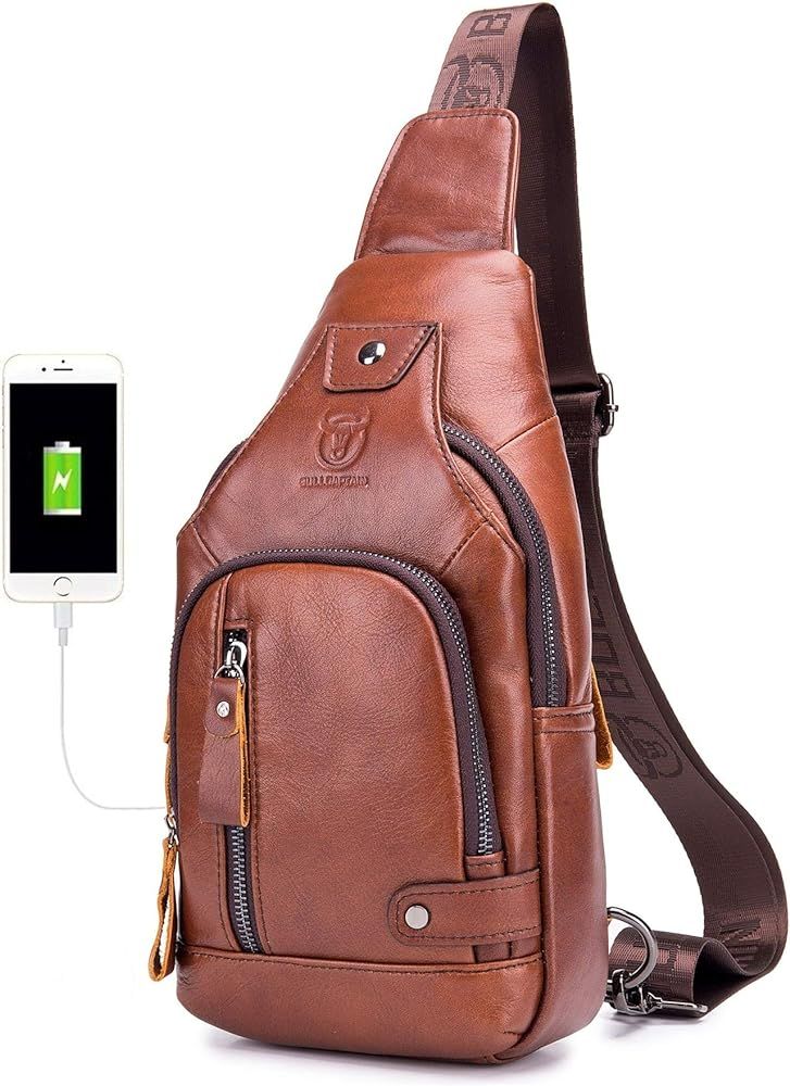 BULLCAPTAIN Leather Men Sling Bags Travel Crossbody Chest Bag Hiking Daypack with USB Charging Port  | Amazon (US)