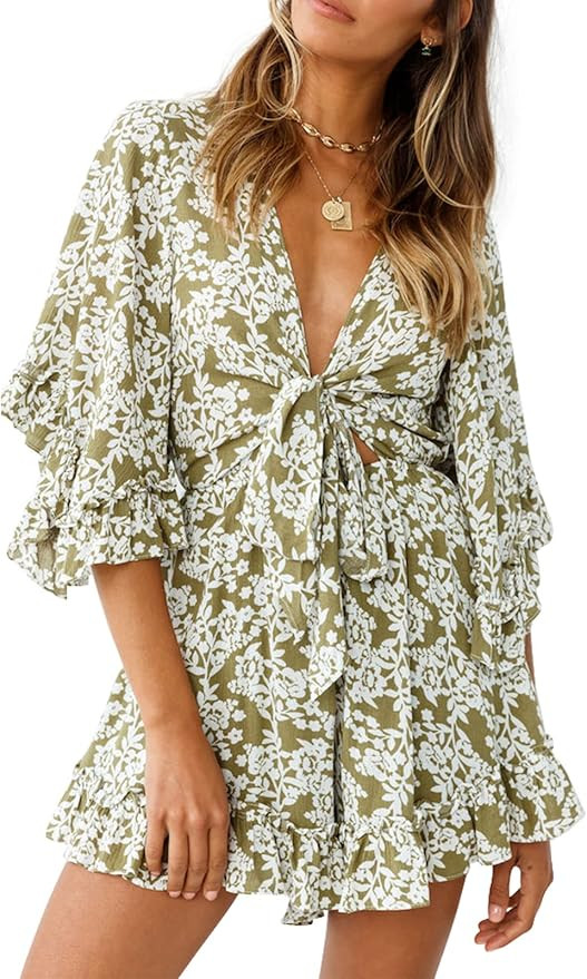 PRETTYGARDEN Women’s Floral Print Shorts Jumpsuit Wrap V Neck 3/4 Sleeve Casual Loose Oversized... | Amazon (US)