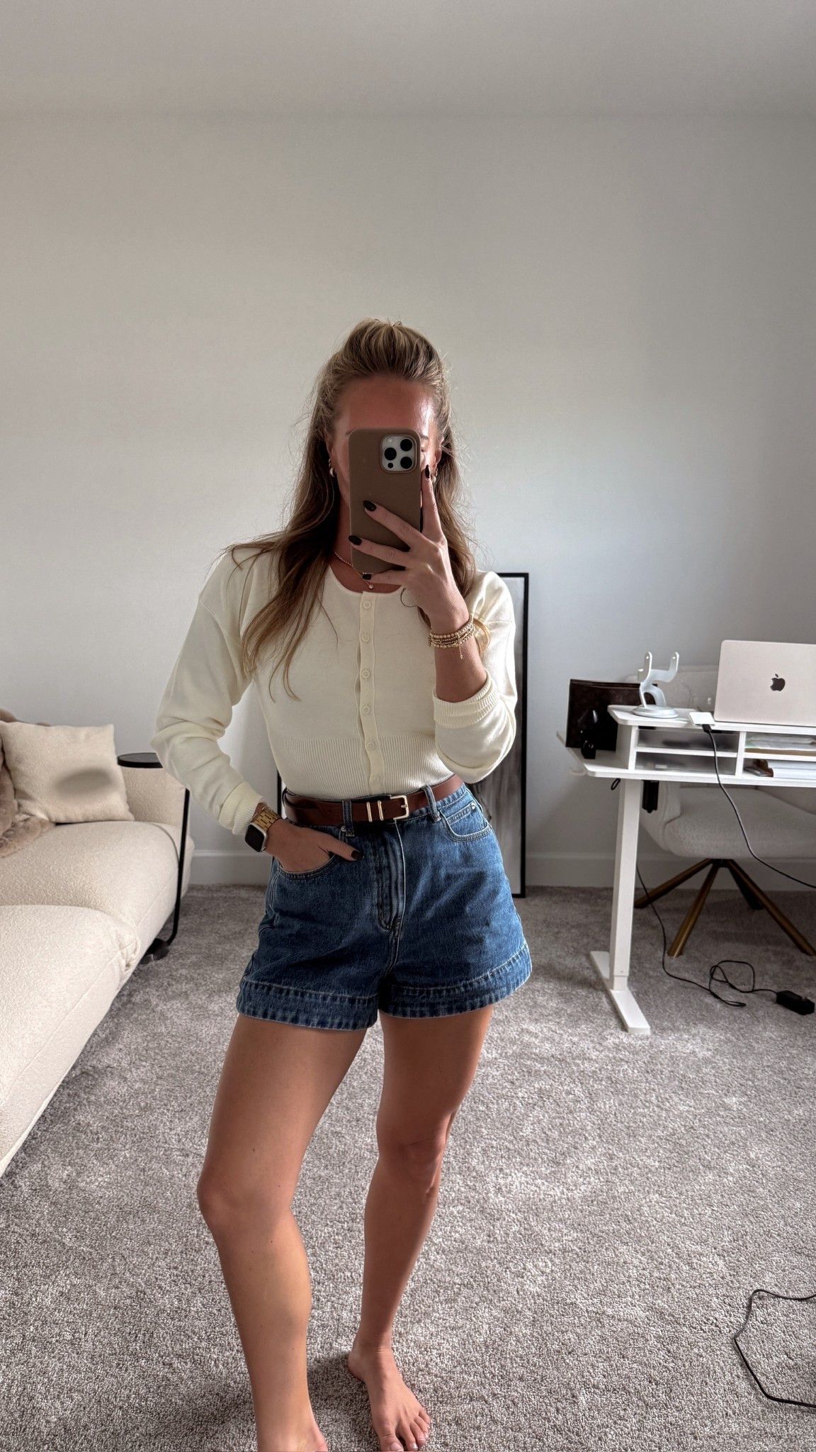 Casual transition outfit 🫶🏼 Aritzia cardigan sweater (small), mid waist denim shorts, Amazon belt & accessories. 

#LTKStyleTip #LTKootd