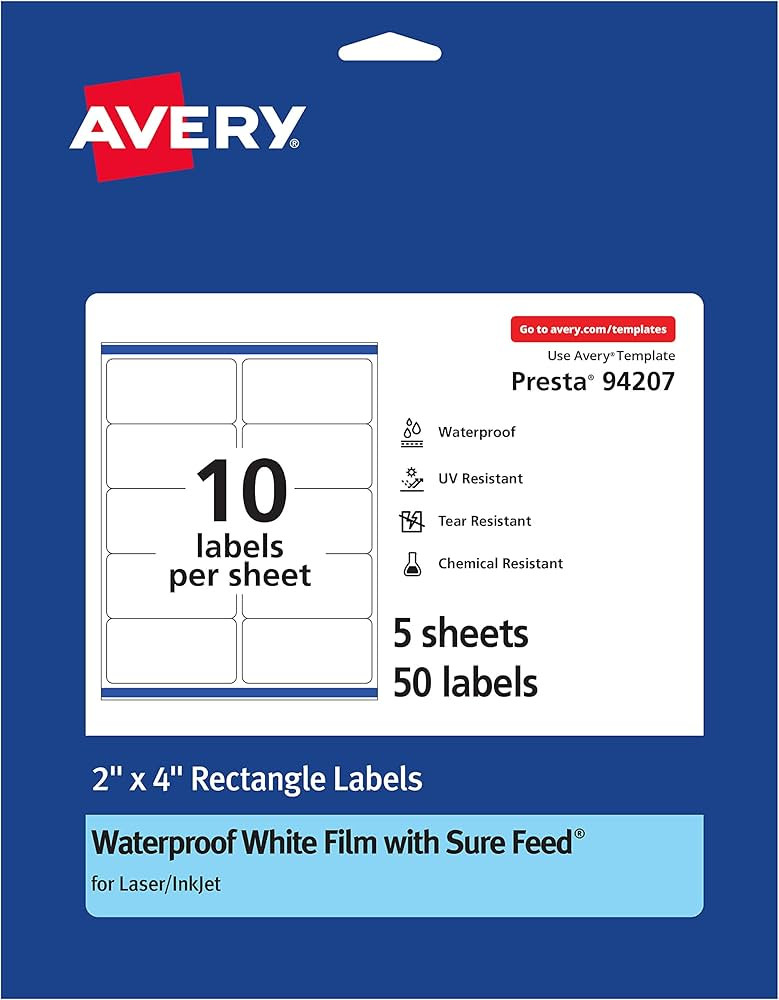 Avery Waterproof Rectangle Labels with Sure Feed, 2" x 4", 50 White Labels (36564) | Amazon (US)