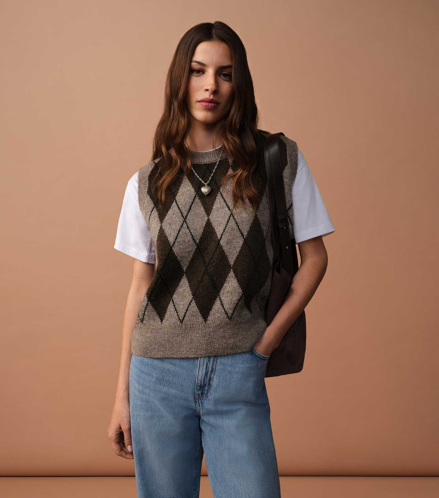 Brown Argyle Crew Neck Knit Vest | New Look | New Look (UK)