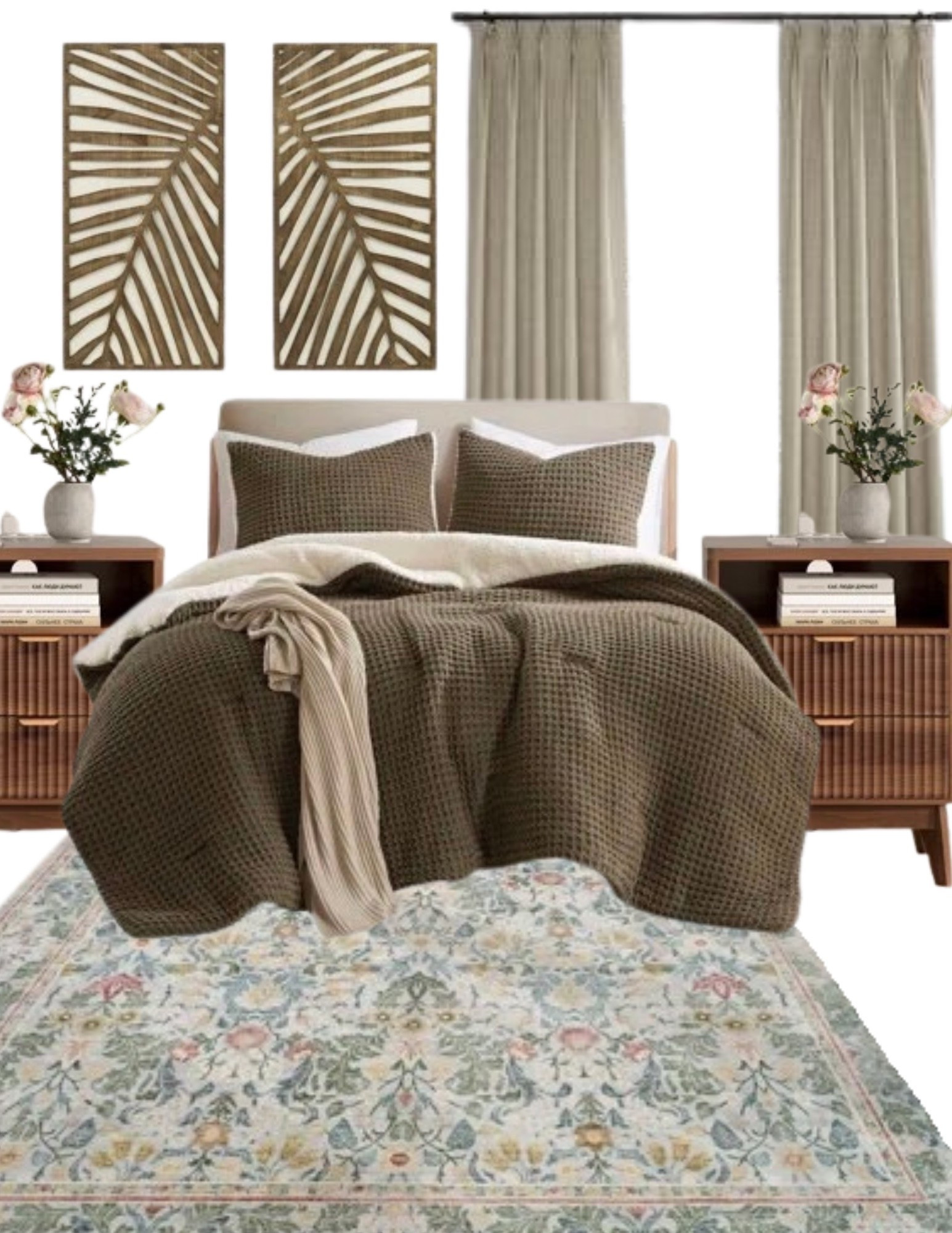 This green neutral bedroom decor inspiration blends soft sage green tones with warm neutral colors to create a calming, modern, and cozy bedroom aesthetic. Featuring earthy textures, minimalist home decor, and organic design elements, this space is perfect for anyone who loves neutral bedroom styling with a subtle pop of green. Ideal for modern farmhouse, boho, Scandinavian, and organic modern interiors, this green and neutral bedroom design focuses on tranquility, balance, and timeless comfort. From layered bedding and natural wood accents to soft lighting and muted green walls, this bedroom decor idea creates a peaceful retreat that feels both elevated and inviting.