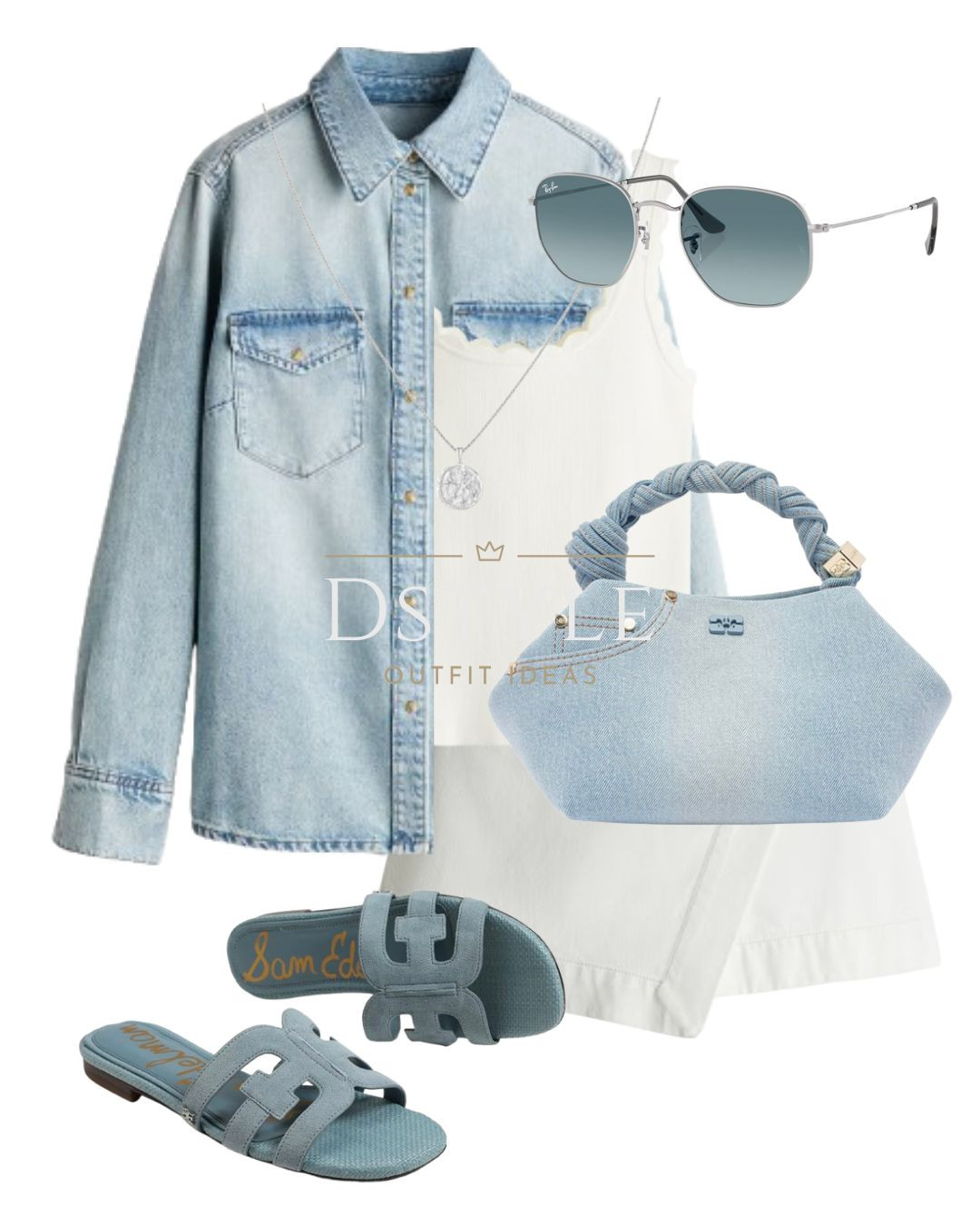 Denim shirt, white denim wrap skort, white top, denim tote bag, blue suede slide sandals. 

 

#LTKStyleTip #LTKShoeCrush #LTKItBag
