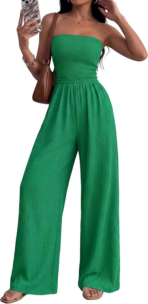 MASCOMODA One Piece Jumpsuits for Women Strapless Smocked Casual Rompers Long Pants with Pockets ... | Amazon (US)