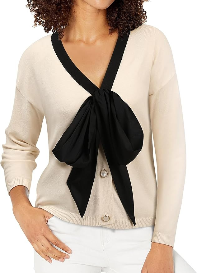 Women Black Bow Sweater Cardigan Tie Front Cropped Color Block Knit Long Sleeves Deep V Neck Fall... | Amazon (US)