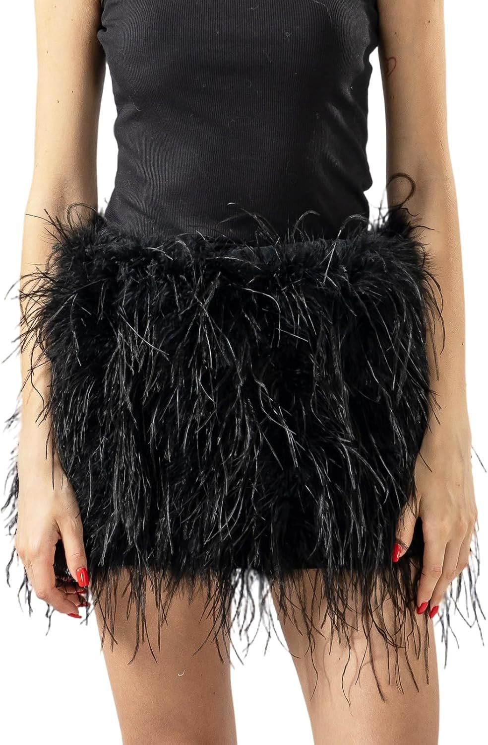 LVCOMEFF Women Ostrich Feather Mini Skirt Hot Elastic Waist Furry Booty Party Club Luxury | Amazon (US)