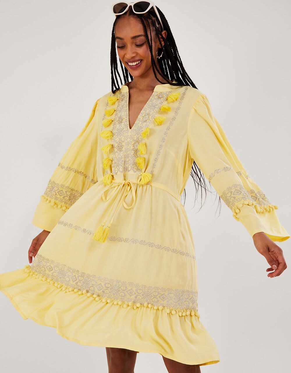 Embroidered Pom-Pom Kaftan Dress in LENZING™ ECOVERO™  Yellow | Monsoon (UK)