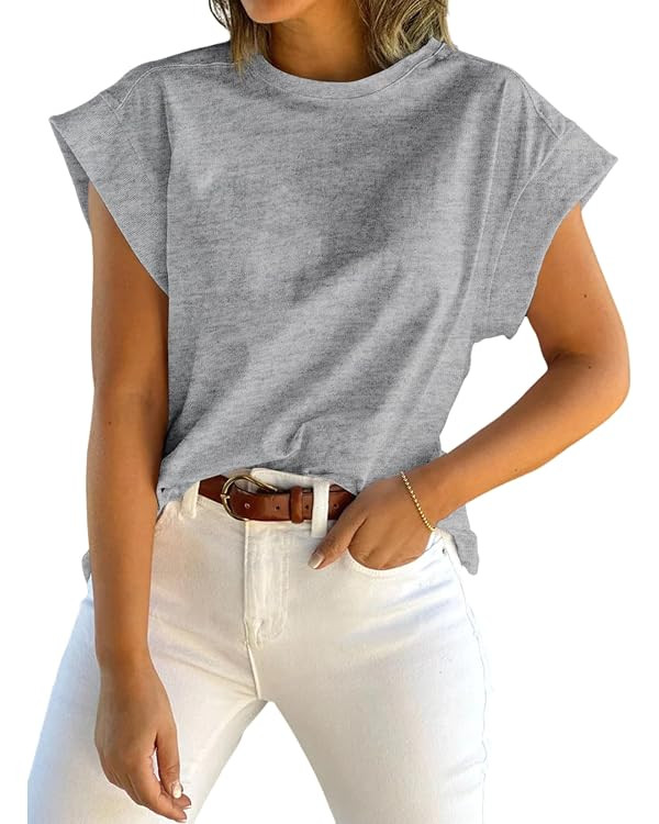 Tankaneo Womens Summer Cap Sleeve Tank Top Crew Neck Solid Casual Loose Fit Basic Tee Shirt | Amazon (US)
