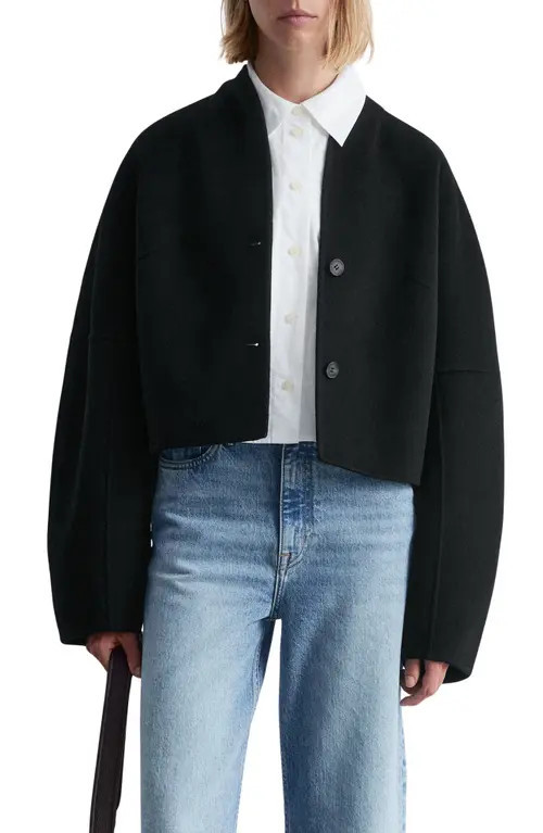 & Other Stories Double Face Wool Blend Crop Jacket in Black Dark at Nordstrom, Size 10 | Nordstrom