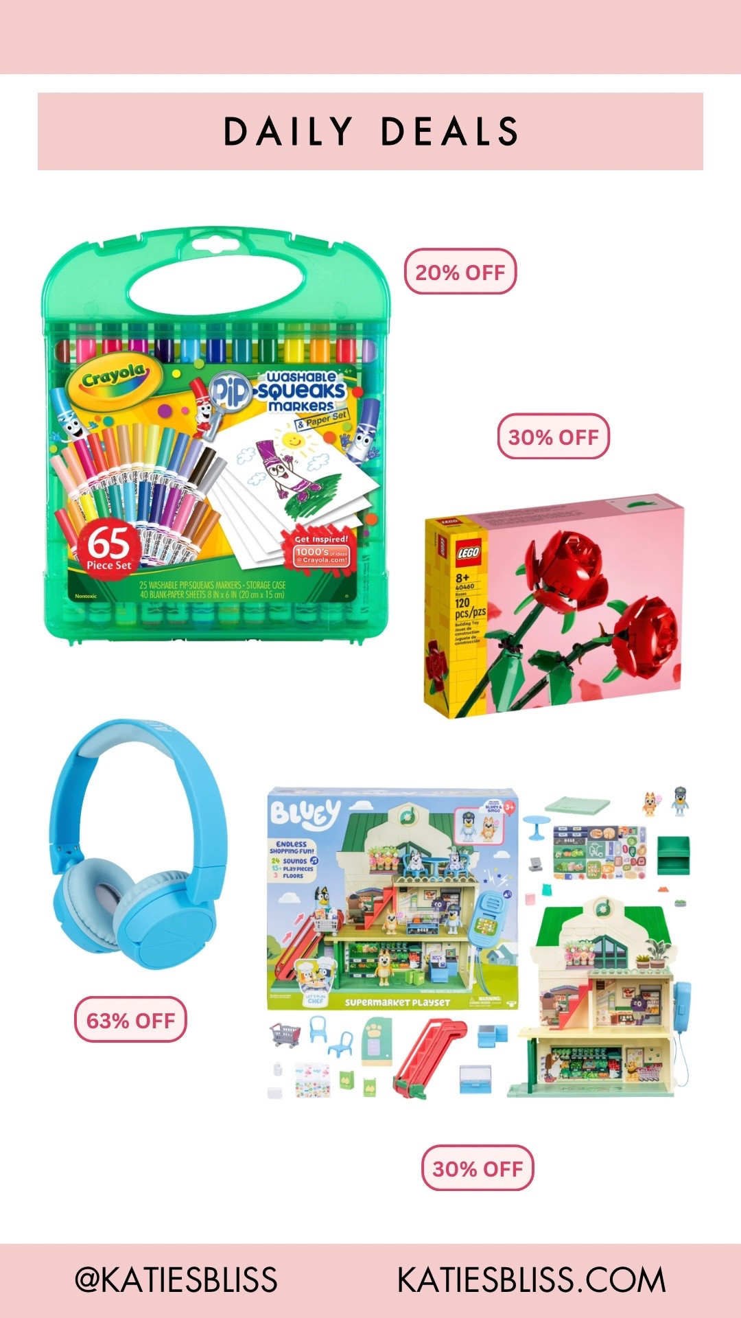 Daily deals ✨

Walmart. Deals. Sale. Markdown. Toys. CRAYOLA. Lego. Bluey. Headphones. Kids. Valentines gift. 



#LTKValentine #LTKSaleAlert #LTKKids