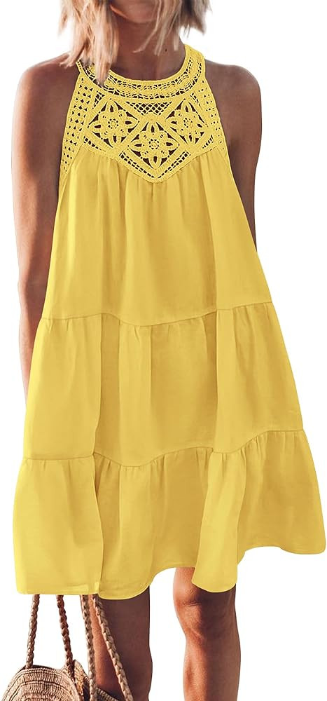 BTFBM Women's Summer Hollow Out Halter Dresses Casual Sleeveless A-Line Tiered Swing Sundress Bea... | Amazon (US)