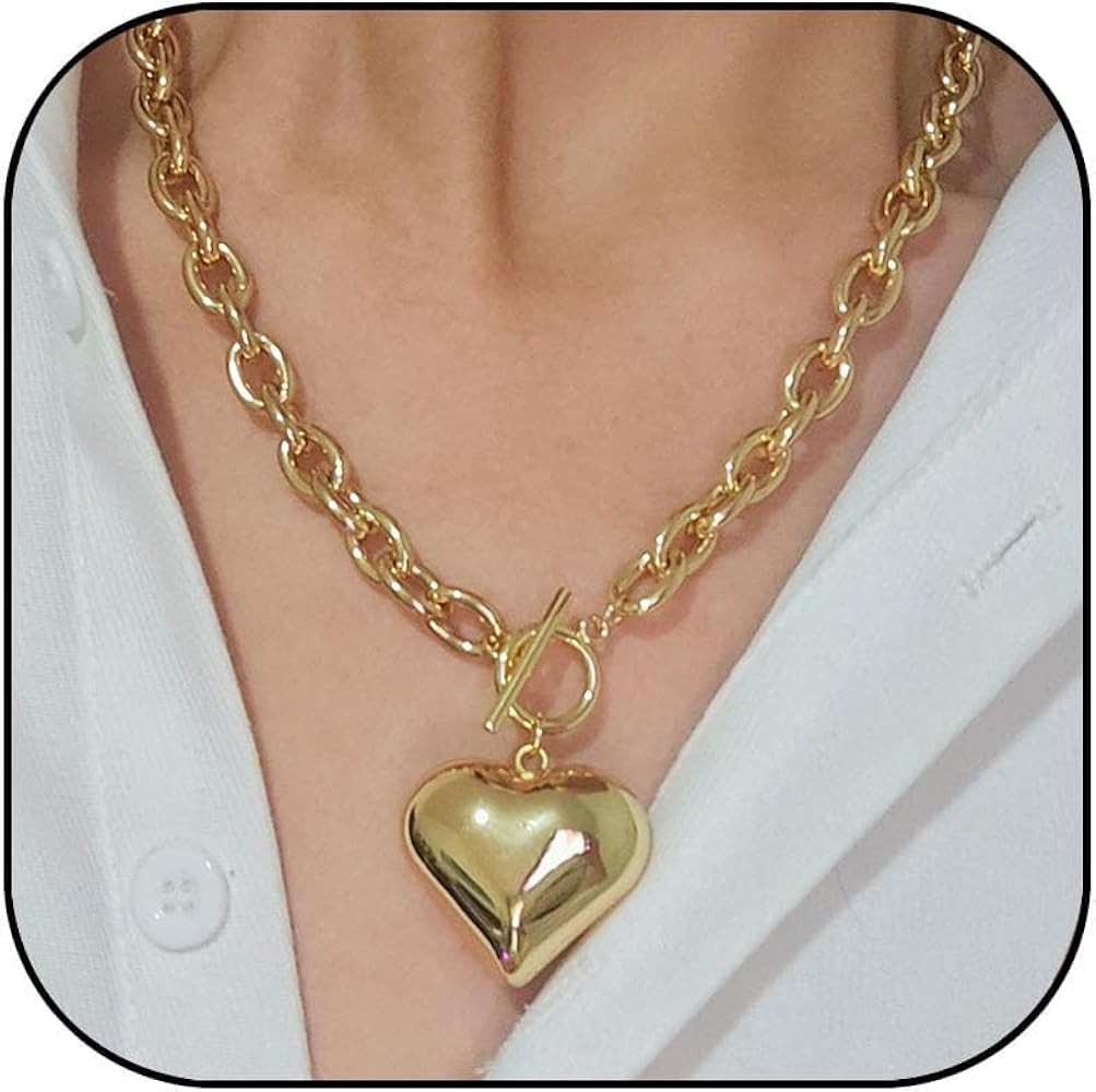 Chunky Gold Heart Necklace for Women Puffy Heart Pendant Necklaces Thick Chunky Chain Link Neckla... | Amazon (US)