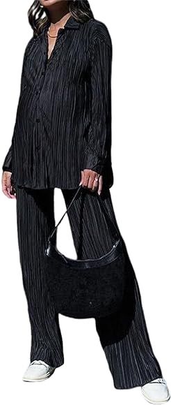 Womens Casual 2 Piece Outfits - Long Sleeve Button Blouse Top Wide Leg Loose Streetwear Loungewear | Amazon (US)