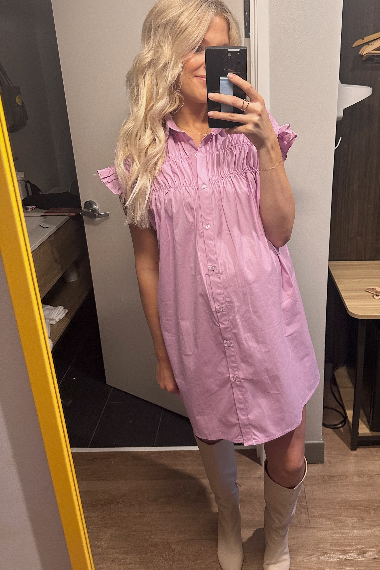 Purple button down shirt dress 

#LTKbump #LTKfindsunder100 #LTKworkwear