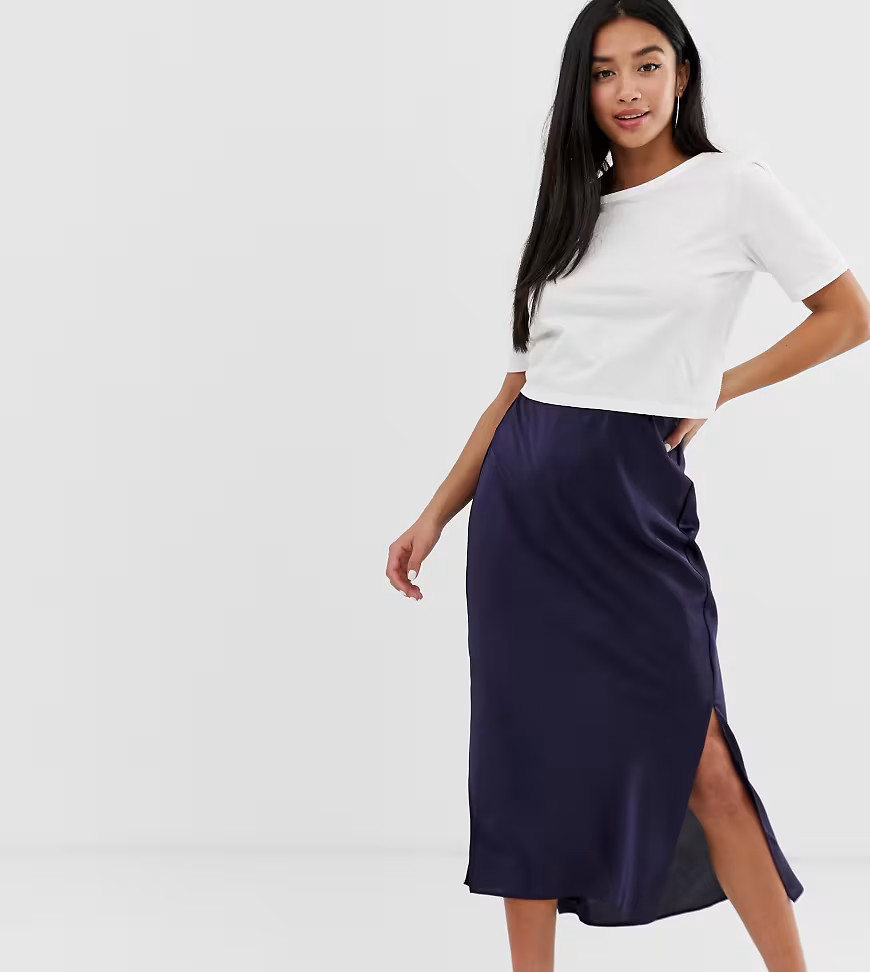 ASOS DESIGN Petite bias cut satin midi skirt with splits-Navy | ASOS (Global)
