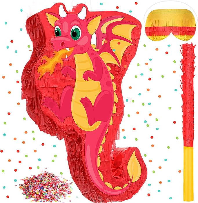 Dragon Piñata 16 Inch Dinosaur Piñata with Stick Blindfold and Confetti Dinosaur Piñata Tyrann... | Amazon (US)