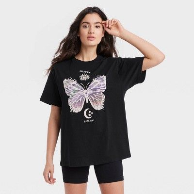 Women's Mad Engine Butterfly Celestial Oversized Lounge T-Shirt Gray | Target