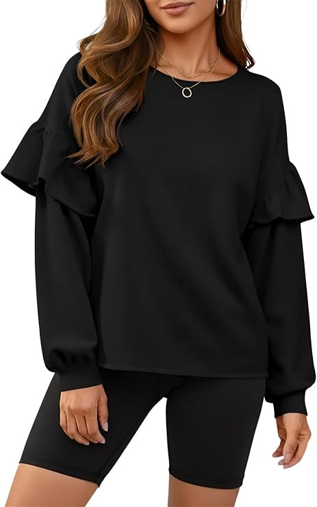 Fisoew Womens Crewneck Sweatshirts Fall Casual Ruffle Long Sleeve Roll Hem Loose Cropped Pullover... | Amazon (US)