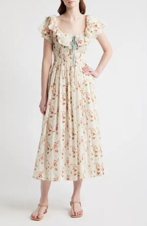 DÔEN Illiana Smocked Tiered Organic Cotton Maxi Dress in Blanc Prarie Rose at Nordstrom, Size Xx-Large | Nordstrom