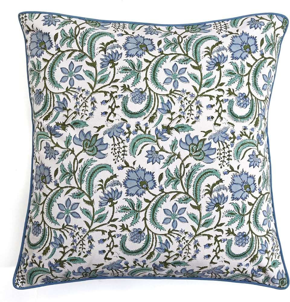 Ridhi Columbia Blue Block Print Cotton Throw Pillow Covers for Decorative Couch Pillows for Livin... | Amazon (US)