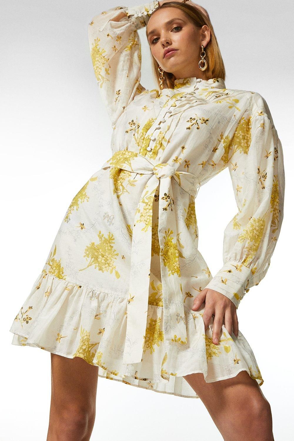 Petite Meadow Pintuck Silk Cotton Short Dress | Karen Millen UK & IE