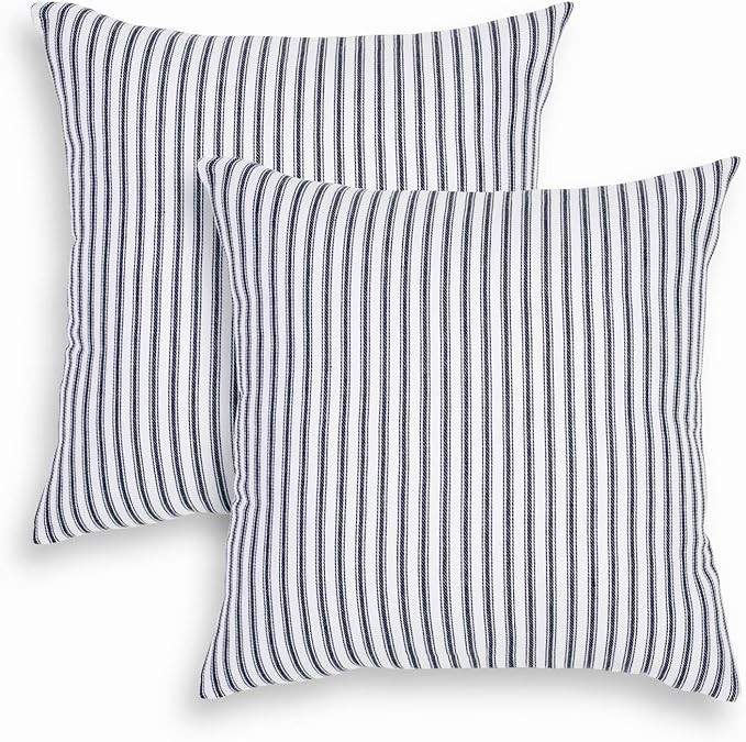 Navy Blue and White Ticking Stripe Woven Cotton Decorative Square Throw Pillow Case Covers 18 x 1... | Amazon (US)