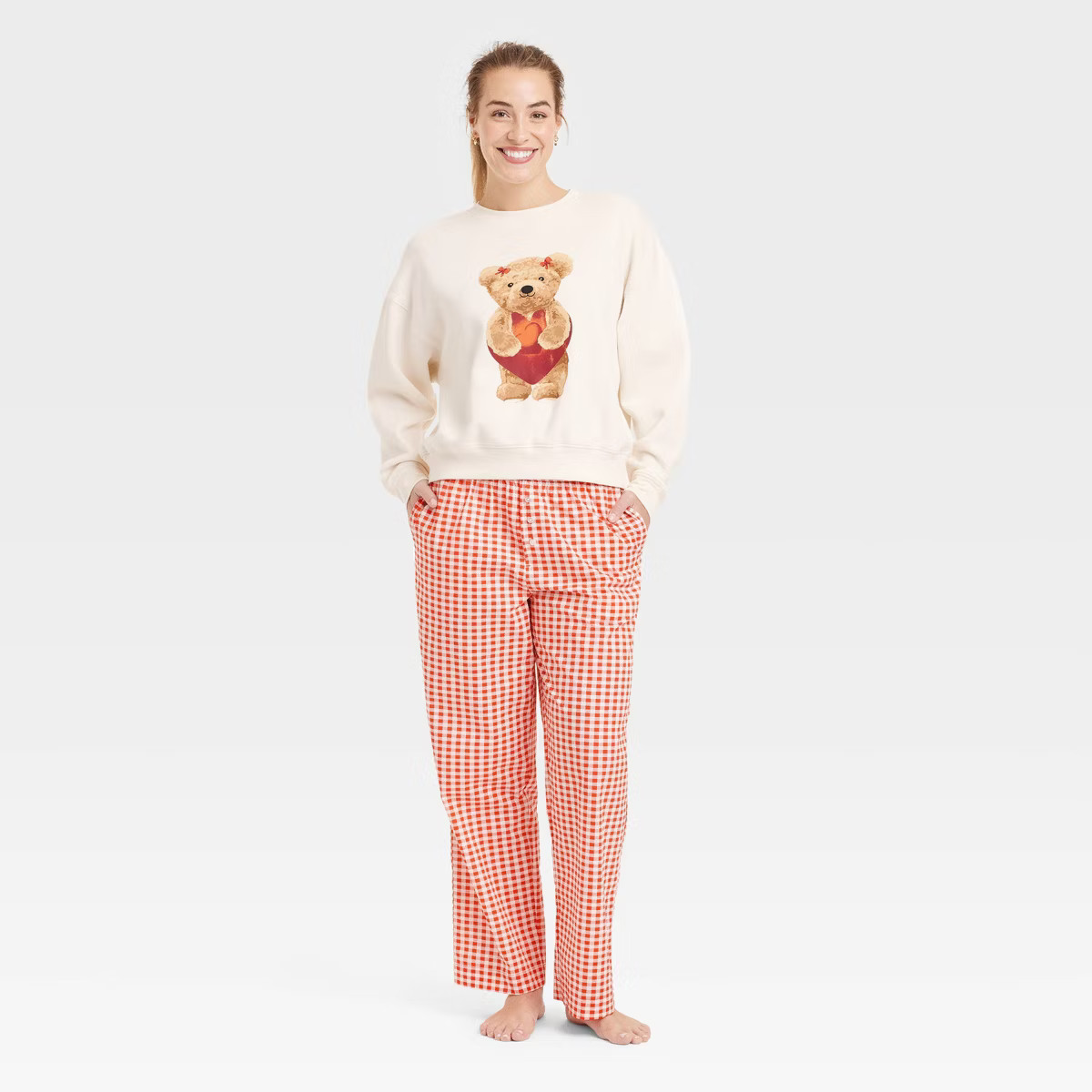 Women's Teddy Bear Heart Graphic Sweatshirt - Off-White XS | Target