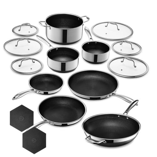 HexClad Hybrid Nonstick 15-Piece Cookware Set, 12" Wok, 8", 10", and 12" Pans with Lids, 2, 3, and 8Qt Pots with Lids, and 2 Silicone Trivets, Stay-Cool Handles, Dishwasher and Oven-Safe | Amazon (US)