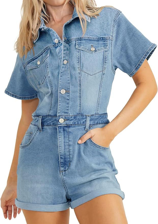 PLNOTME Womens Summer Denim Rompers Cute Vintage Short Sleeve Button Down Jeans Short Jumpsuits | Amazon (US)