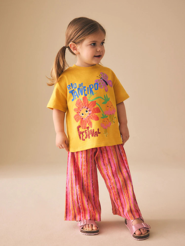 Ochre Yellow Short Sleeve T-Shirt and Wide Leg Trousers Set (3mths-7yrs) | Next US