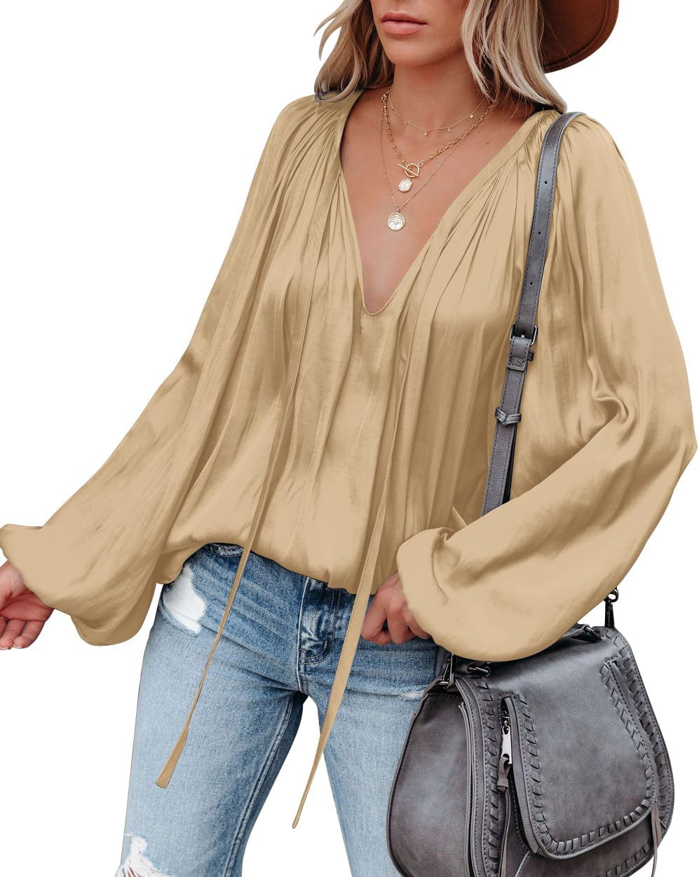 LAMISSCHE Womens Sexy Deep V Neck Blouse Bell Long Sleeve Satin Flowy Tops | Amazon (US)