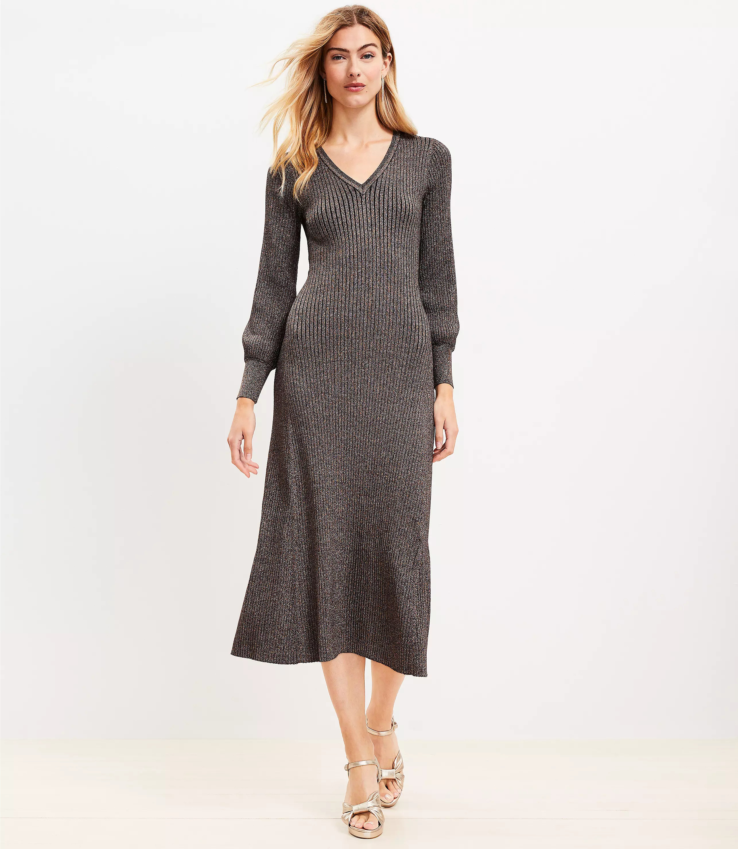 Shimmer Ribbed Button Cuff Midi Sweater Dress | LOFT