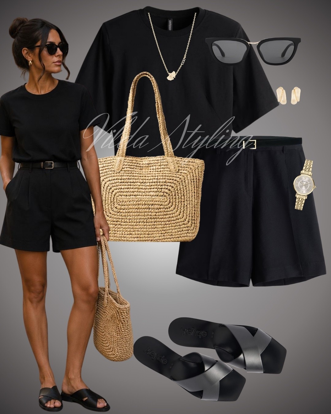 A chic black and straw combo for the summer! 😍 This outfit features black tailored shorts and a matching black tee for a classic and cool vibe. Accessorized with sunglasses, a delicate gold necklace, and a practical straw tote. Total effortlessly stylish and comfy look! ☀️
#summerootd #summerstyle #casualsummerwear #casualchic #casualsummeroutfit #summerfashion #blackandstraw #ootd #ltksummer

#LTKsummer #LTKstyletip #LTKeurope