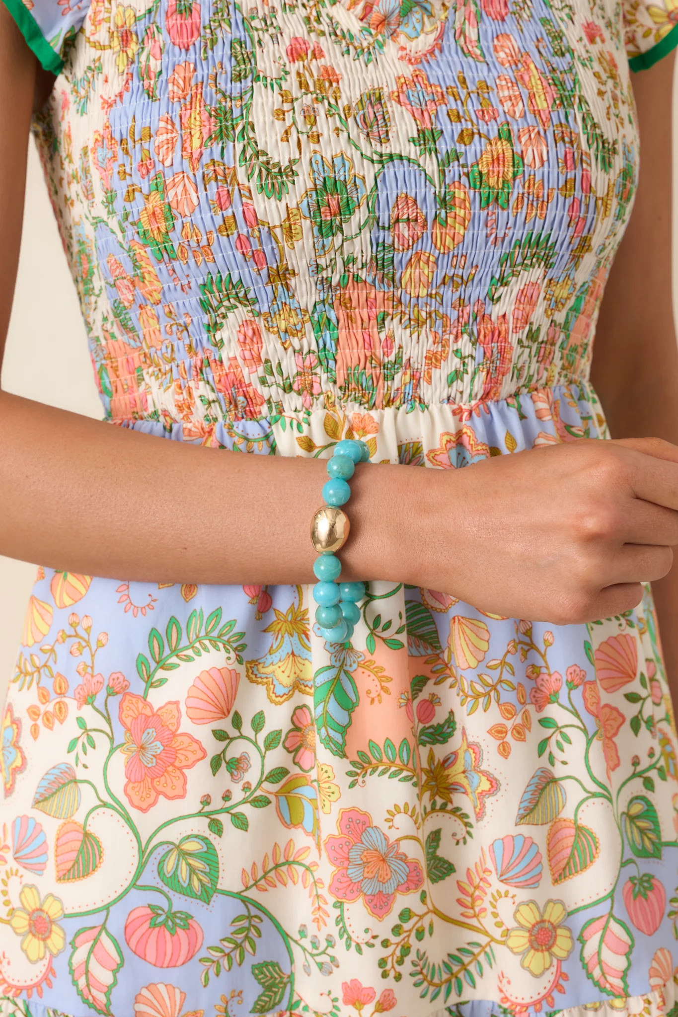 Always a Soft Spot Turquoise Beaded Gold Accent Stretch Bracelet | Red Dress