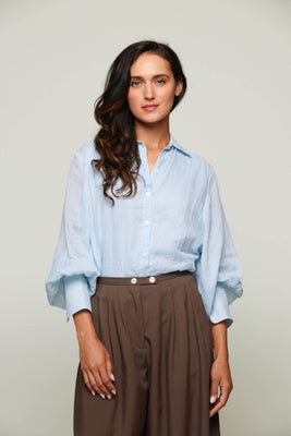Carmine Long Puff Sleeve Collared Button Up Top-Ice Blue | Benaar La