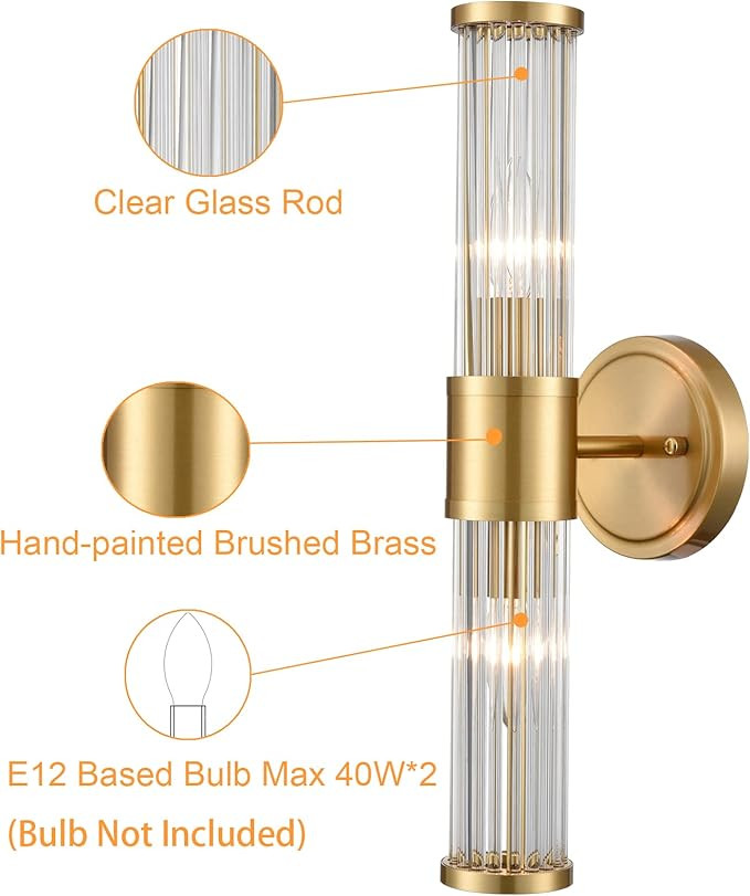 Mid-Century Wall Sconces Brass Glass Rod Wall Light 2-Light Vanity Wall Lights Fixtures for Bedro... | Amazon (US)