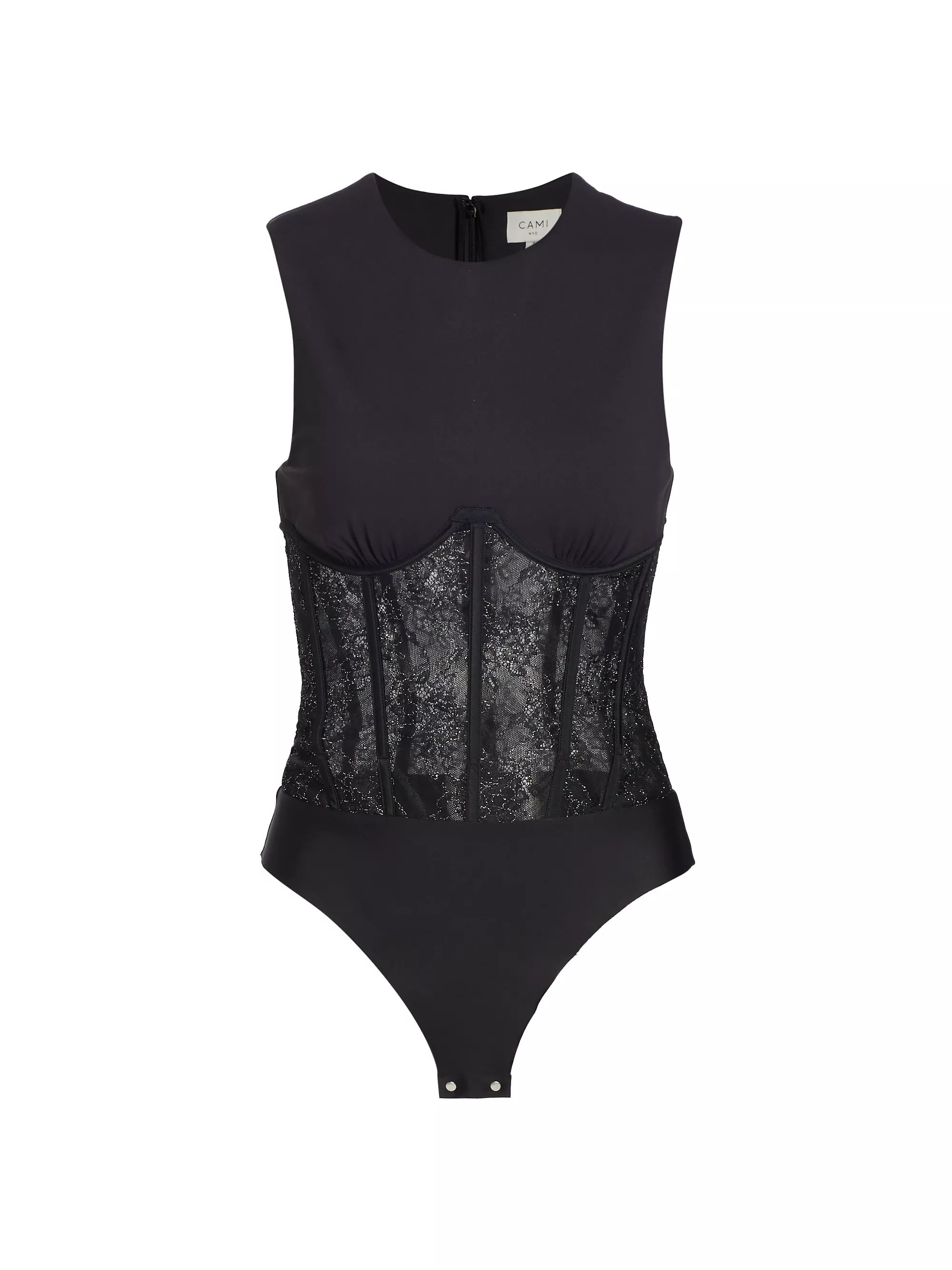 Yazia Semi-Sheer Lace-Trim Bodysuit | Saks Fifth Avenue